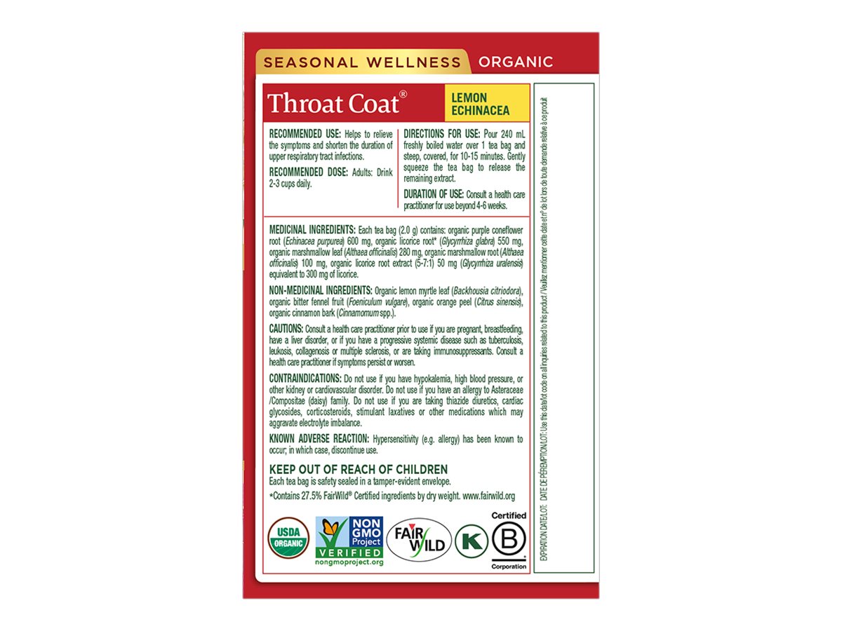 Traditional Medicinals Organic Throat Coat Wrapped Tea Bags - Lemon Echinacea - 16's