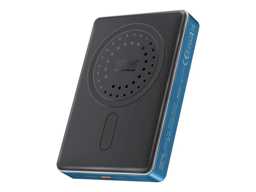 Promate Blade-10 wireless power bank ultra-compact aluminium crafted MagSafe compatible Product shot Right-angle 79700