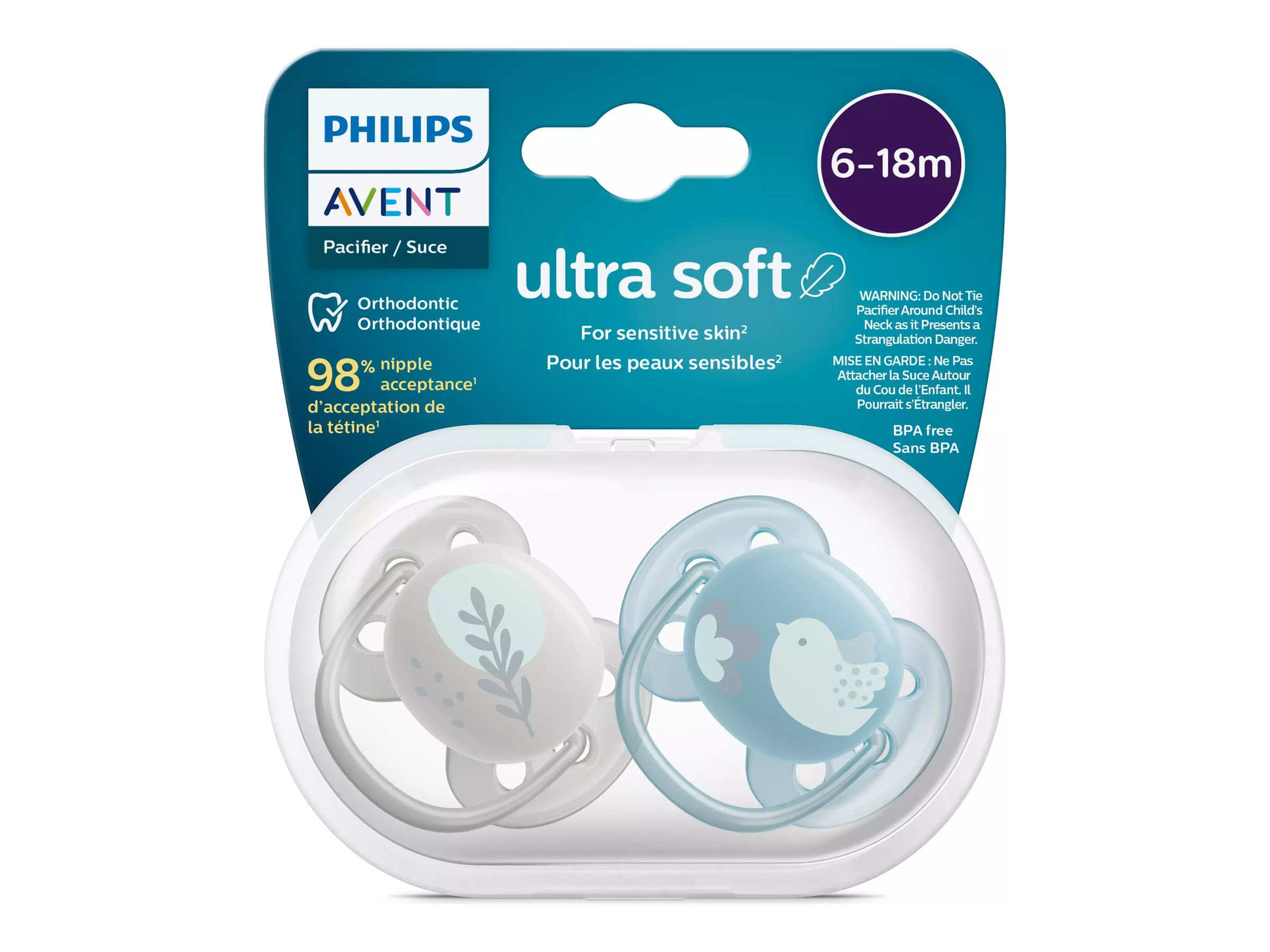 Philips Avent Ultra Soft Pacifier Set - 6-18 Months - Blue Dove/Silver Leaf - 2 pack