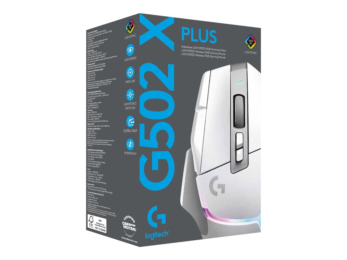 Logitech G G502 X PLUS - myš - 2.4 GHz - bílá