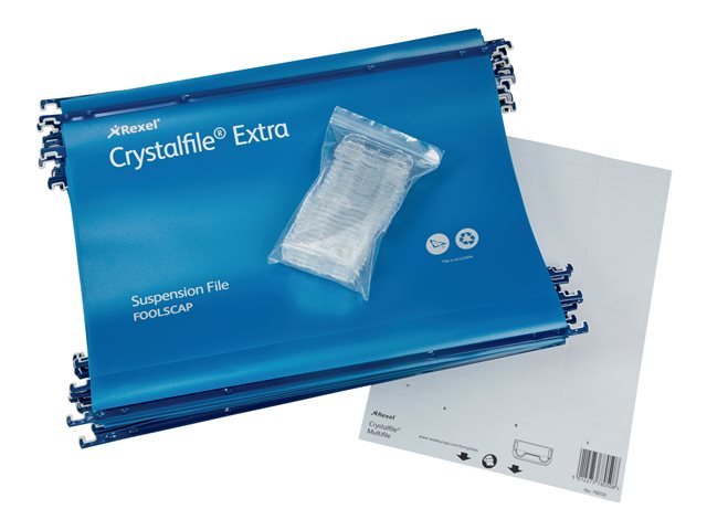 Rexel Crystalfile Extra Hanging File For Folio Capacity 300 Sheets Tabbed Blue Pack Of 25