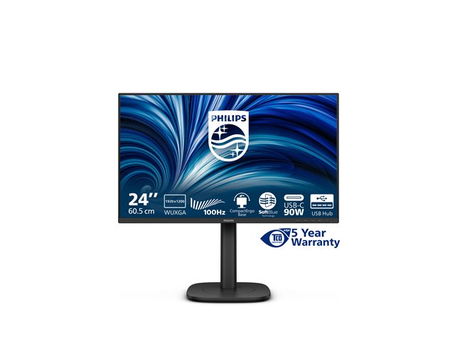 Монитор 23.8'/24' Philips 24B2U3301D IPS 1920x1200, 120 Гц, 4 мс (GtG), 16:10, 300 кд/м², HDMI 1.4, DP 1.4, USB-C (90 Вт), USB Hub (4x USB 3.2), 3.5 Jack, LAN, динамики (2x2 Вт), Adaptive-Sync, VESA 100x100, черный