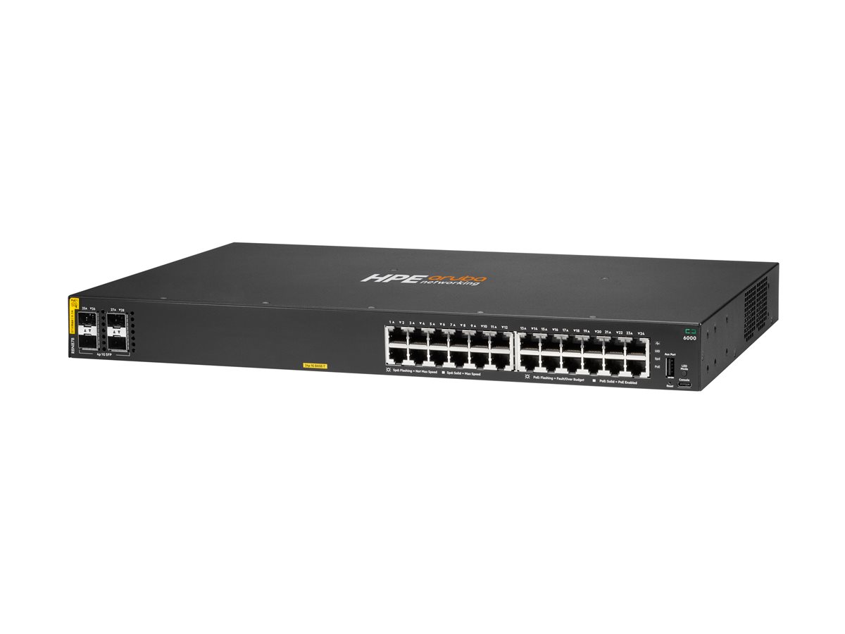 HPE Aruba Networking CX 6000 24p 10M/100M/1G Class4 PoE 4p SFP 1G 370W Switch - přepínač - 24 porty - řízený - Lze montovat do rozvaděče