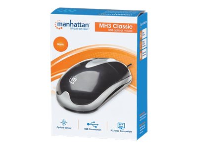Manhattan MH3 USB Wired Mouse, Black/Grey, 1000dpi, USB-A, Optical, Sturdy, Three Button with Scroll Wheel, Three Year Warranty, Box