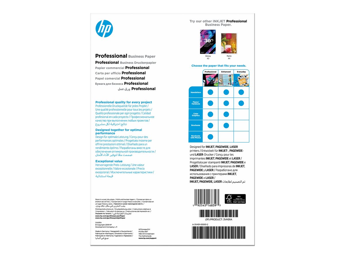HP Professional Glossy Paper - Gl?nzend - A4 (210 x 297 mm) - 180 g/m? - 150 Blatt Fotopapier - f?r Deskjet 15XX, Ink Advantage 27XX; Officejet 80XX, 9012; Photosmart B110