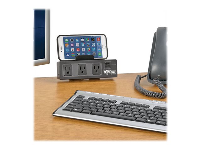 Tripp Lite 3-Outlet Surge Protector Power Strip Desk Clamp w/ 2-Port USB Charging