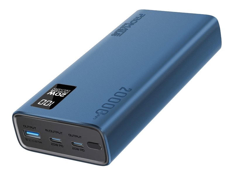 Promate Bolt-20PD power bank compact smart charging Li-pol USB Type A 2 x USB-C 22.5 Product shot Right-angle 79550