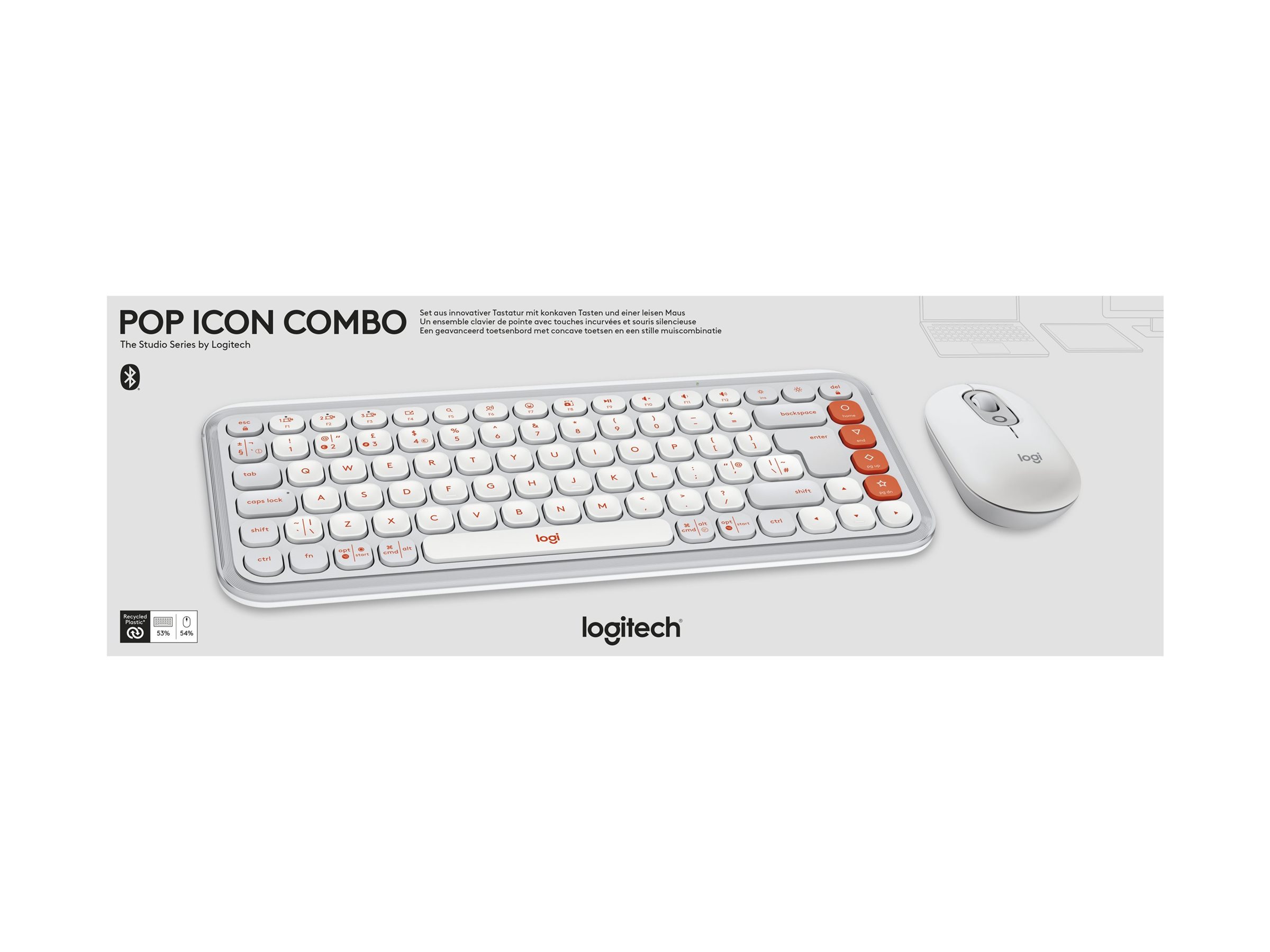 Logitech POP Icon Combo keyboard and mouse set QWERTY English off white orange Input Product shot Multi-angle 79100