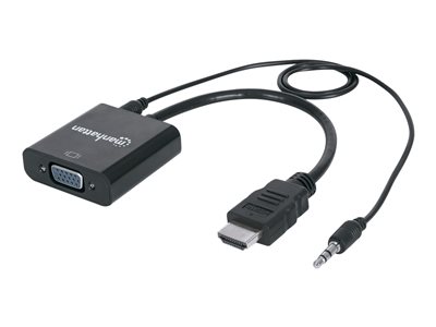 Manhattan HDMI to VGA (with Audio) Converter cable, 1080p, 30cm, Male to Female, Micro-USB Power Input Port for additional power if needed, Black, Three Year Warranty, Blister