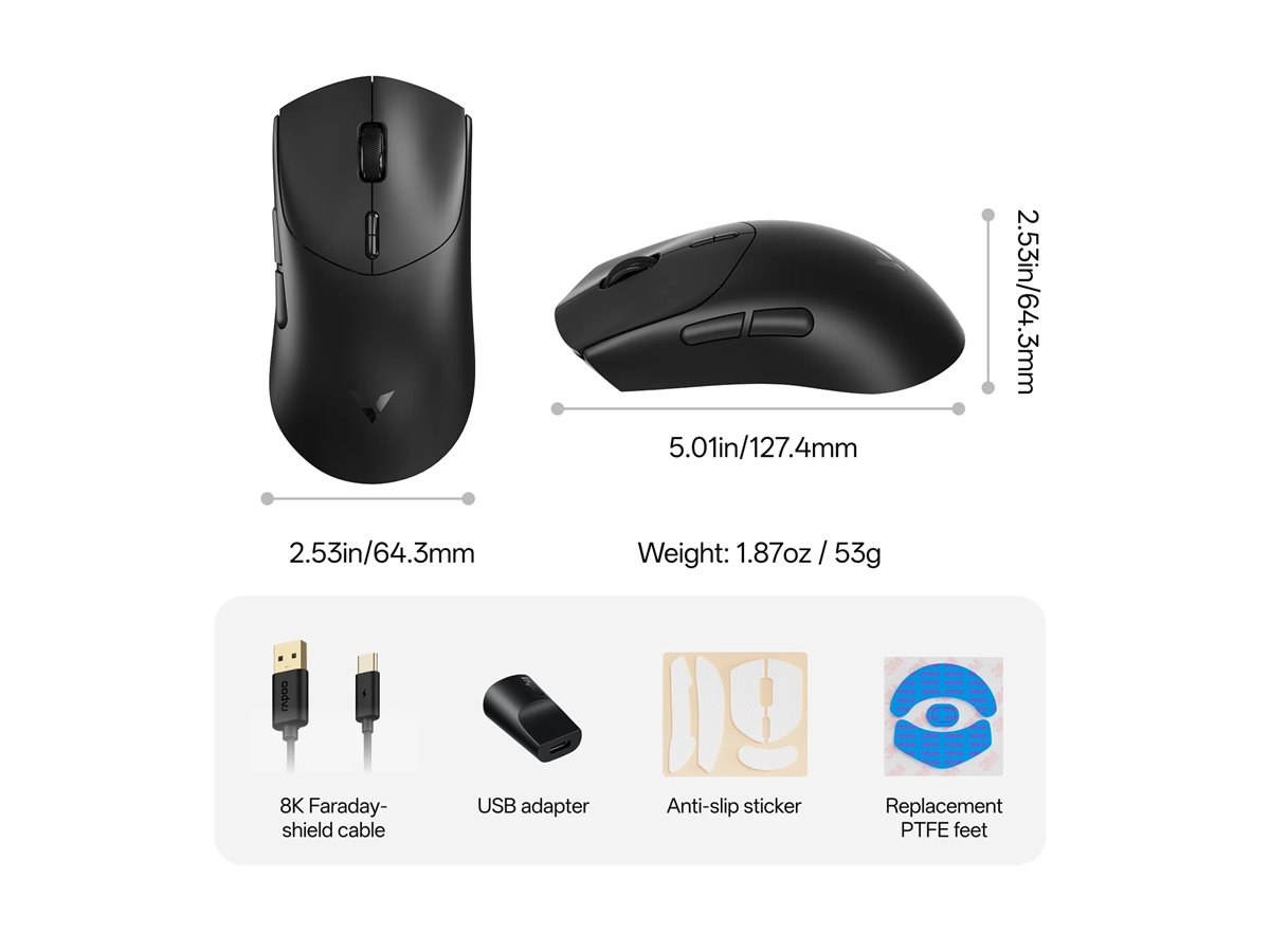 Rapoo VT7 Max mouse 8K ultra lightweight 2.4 GHz USB-C What's in the box Front 77779