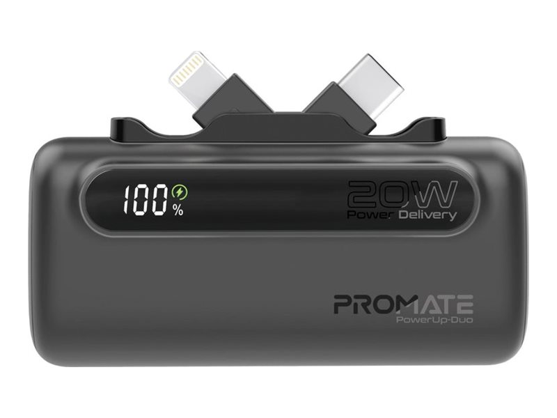 Promate PowerUp-Duo power bank ultra-compact with foldable connectors Li-Ion 24 pin USB-C Product shot Front 79500