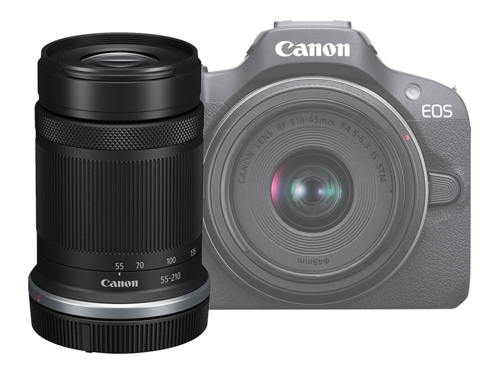 Canon EOS R100 Twin Kit digital camera RF-S 18-45mm F4.5-6.3 IS STM lens 55-210mm F5.0-7.1 IS Product shot Front 79650