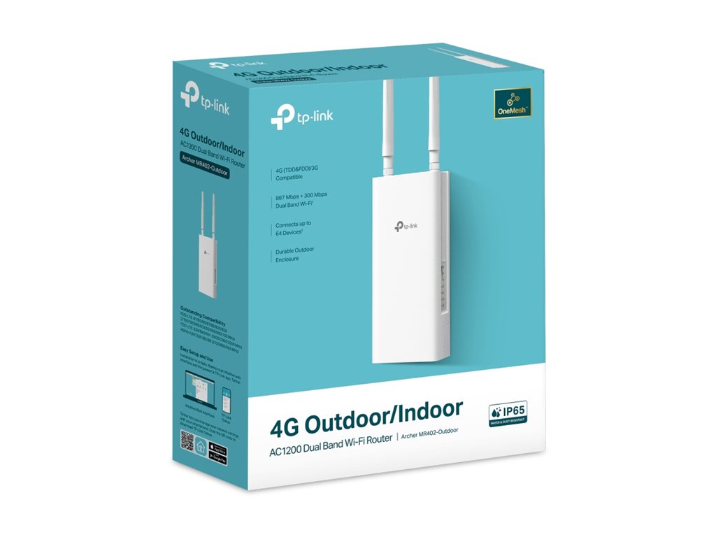 TP-Link Archer MR402-Outdoor V1 wireless router WWAN Wi-Fi 5 4G 3G pole-mountable Package view Left-angle 77500