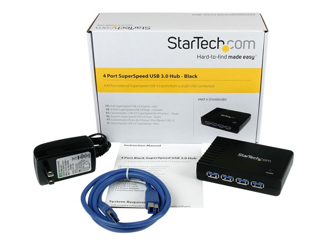 StarTech.com 4-Port USB 3.0 SuperSpeed Hub with Power Adapter - Portable Multiport USB-A Dock IT Pro - USB Port Expansion Hub for PC/Mac (ST4300USB3)