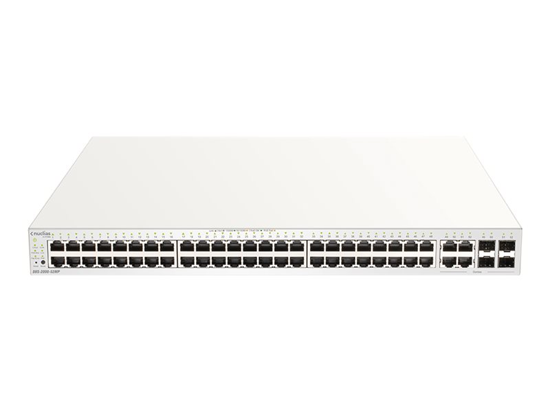 Nuclias Cloud Managed 52-Port Layer2 PoE+ Gigabit Switch, 48x 10/100/1000Mbit/s TP (RJ-45) PoE Ports, 802.3at Power-over-Ethernet bis 30 Watt Leistung/Port, 4x TP Combo Port/SFP Slot für opt. 100/1000Mbit/s Fiber Transceiver, 802.3x Flow Control, 802
