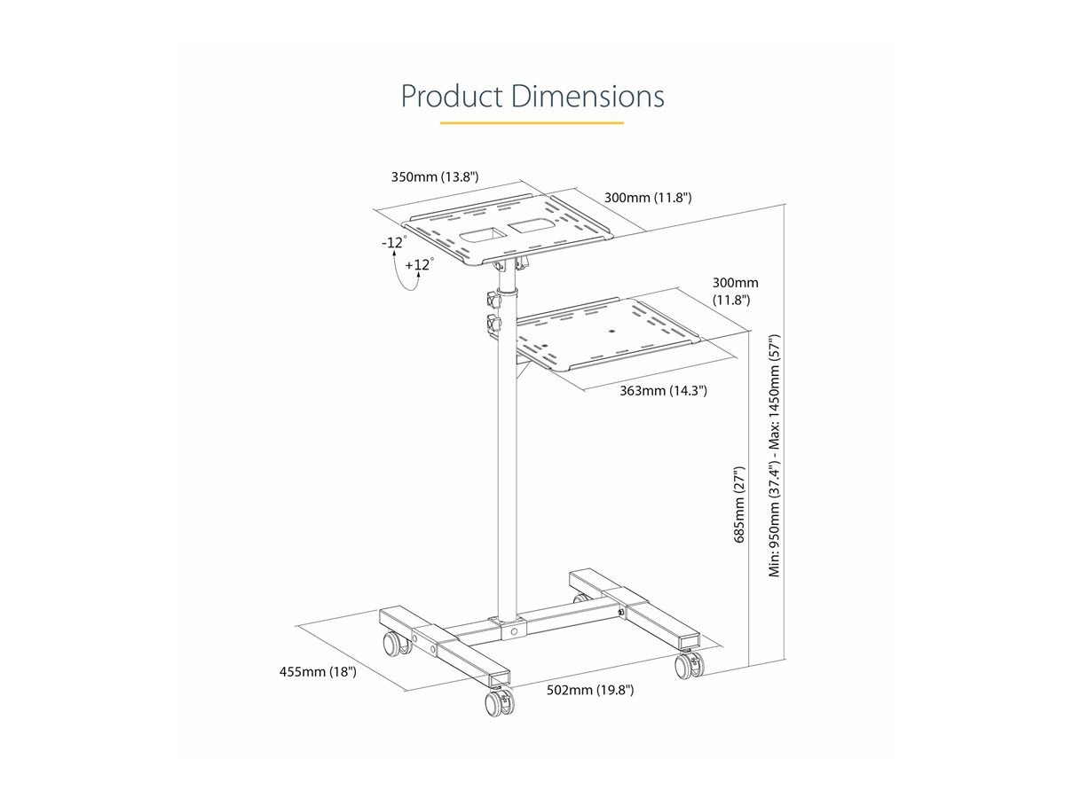 StarTech.com Mobile Projector and Laptop Stand/Cart, Heavy Duty Portable Projector Stand (2 Vented Shelves, hold 22lb/10kg each), Height Adjustable Rolling AV Presentation Cart with Wheels - Lockable Casters vozík - pro projektor/notebook - černá – foto 11