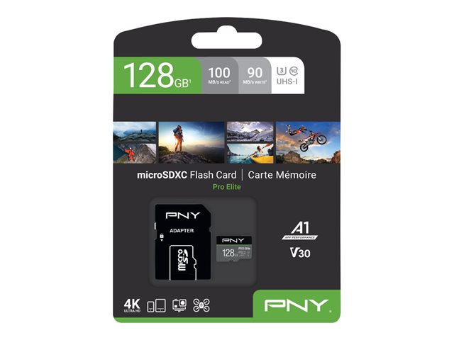 PNY PRO Elite - Flash-Speicherkarte (microSDXC-an-SD-Adapter inbegriffen) - 128 GB - A1 / Video Class V30 / UHS-I U3 / Class10 - microSDXC UHS-I
