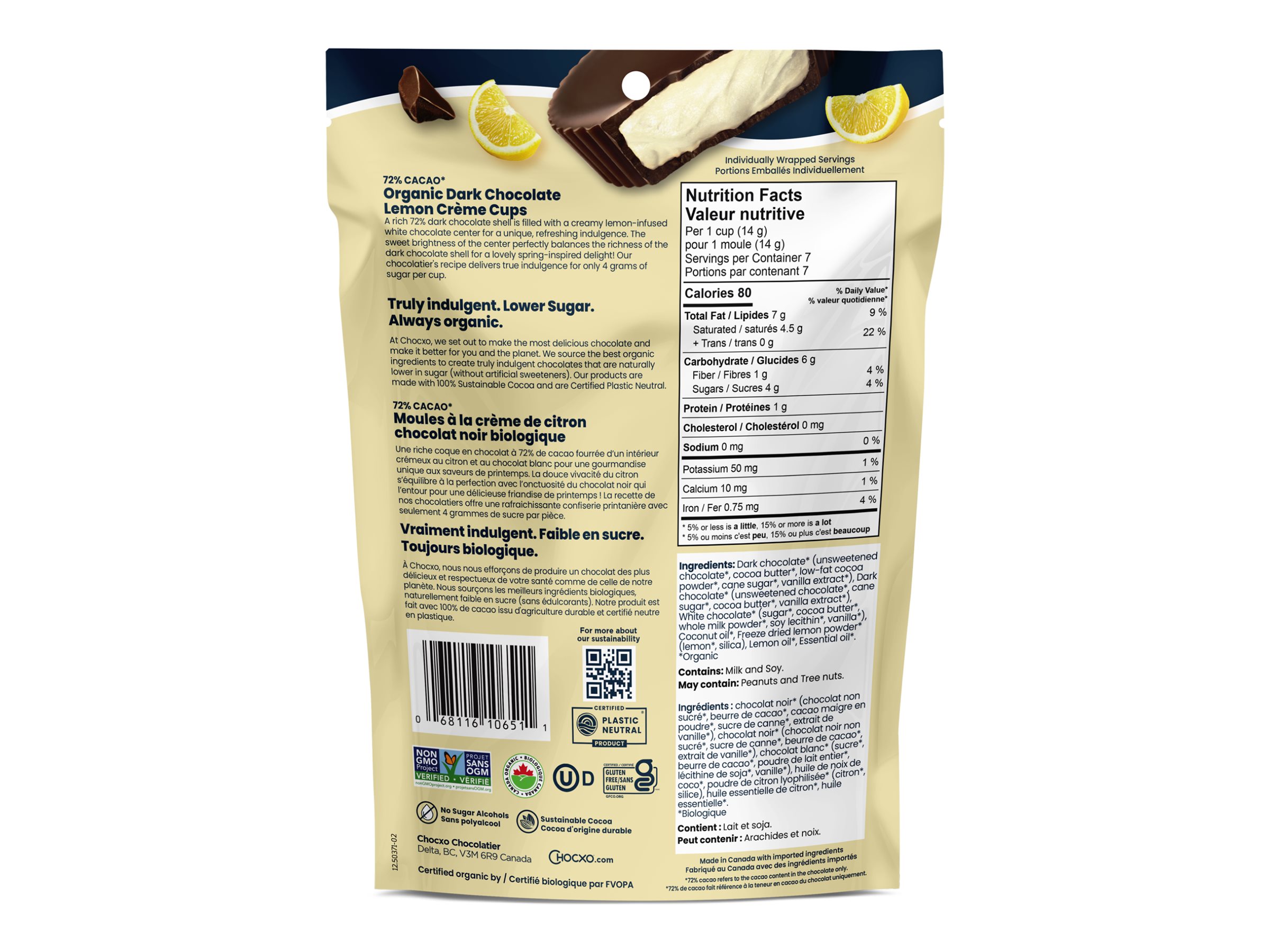 Chocxo Dark Chocolate Cups - Lemon Creme - 98g