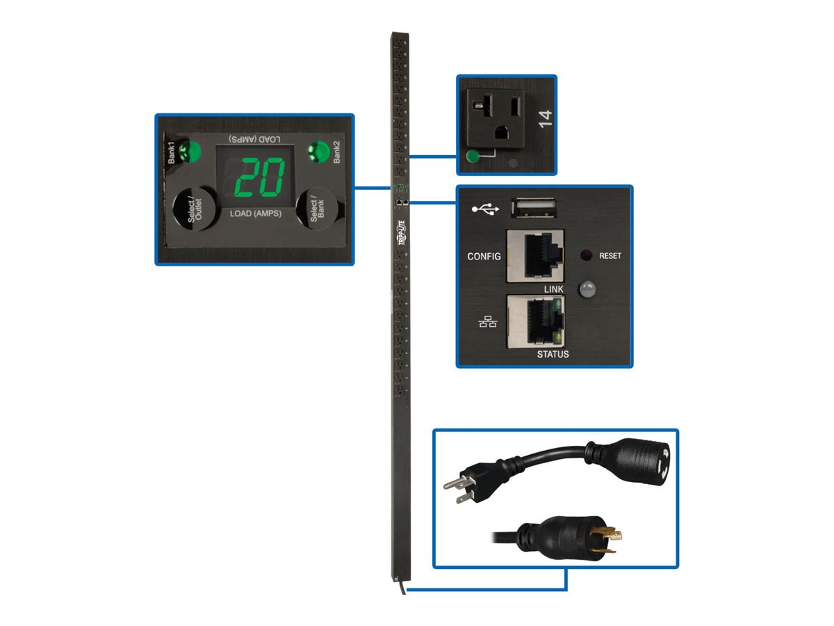 Tripp Lite 1.9kW Single-Phase Switched PDU, LX Platform, Outlet Monitoring, 120V Outlets (24 NEMA 5-15/20R), L5-20P Plug, 0U, TAA