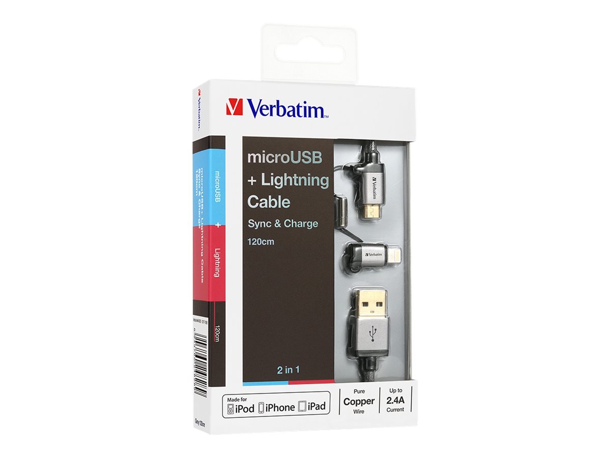 Verbatim Sync & Charge 2-in-1 Lightning cable Lightning / USB 1.2 Product shot Left-angle 79750