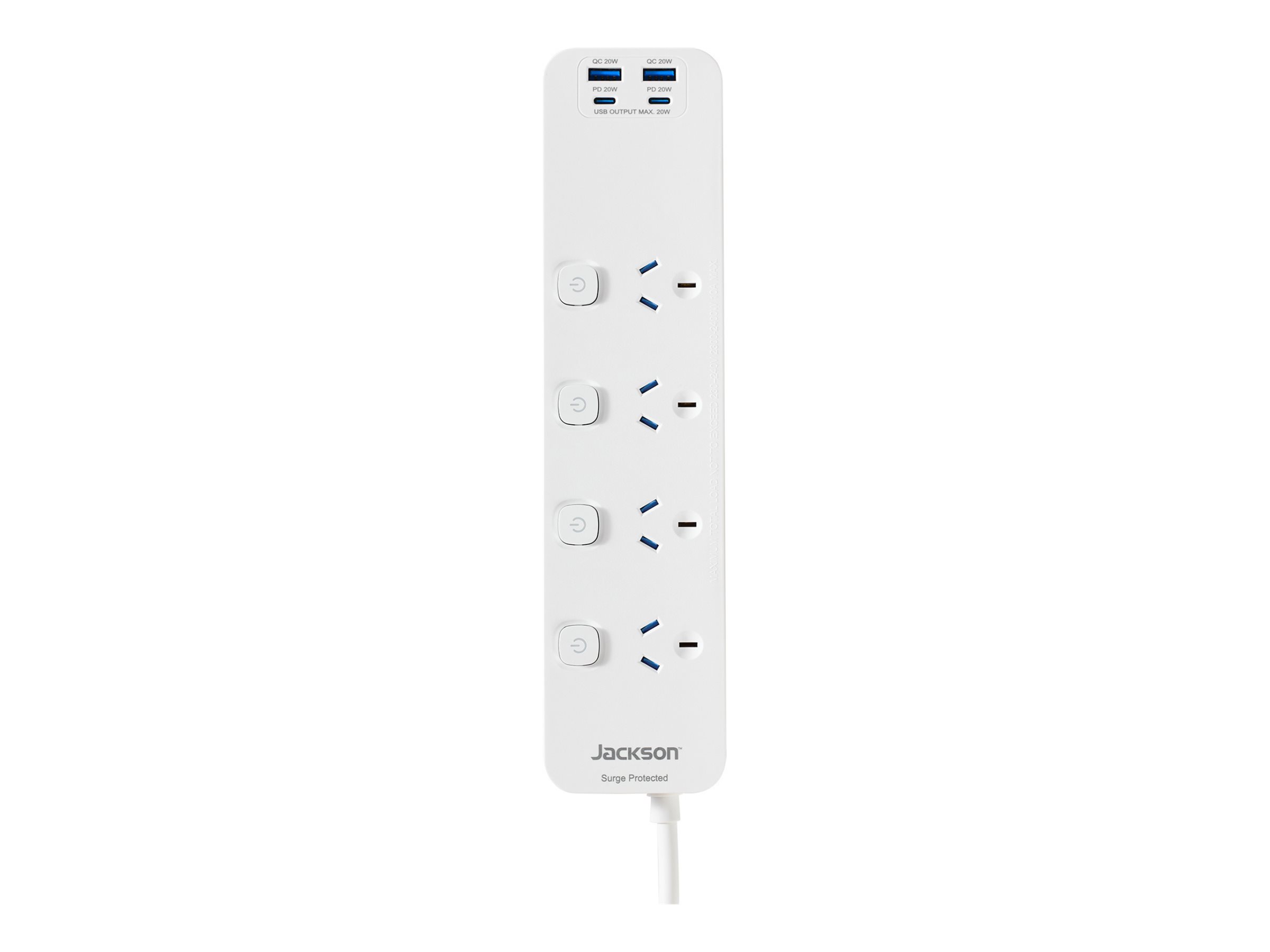 Jackson PT20W44ISW, surge protector, 20 W USB-A + USB-C, switched, 2400 watt