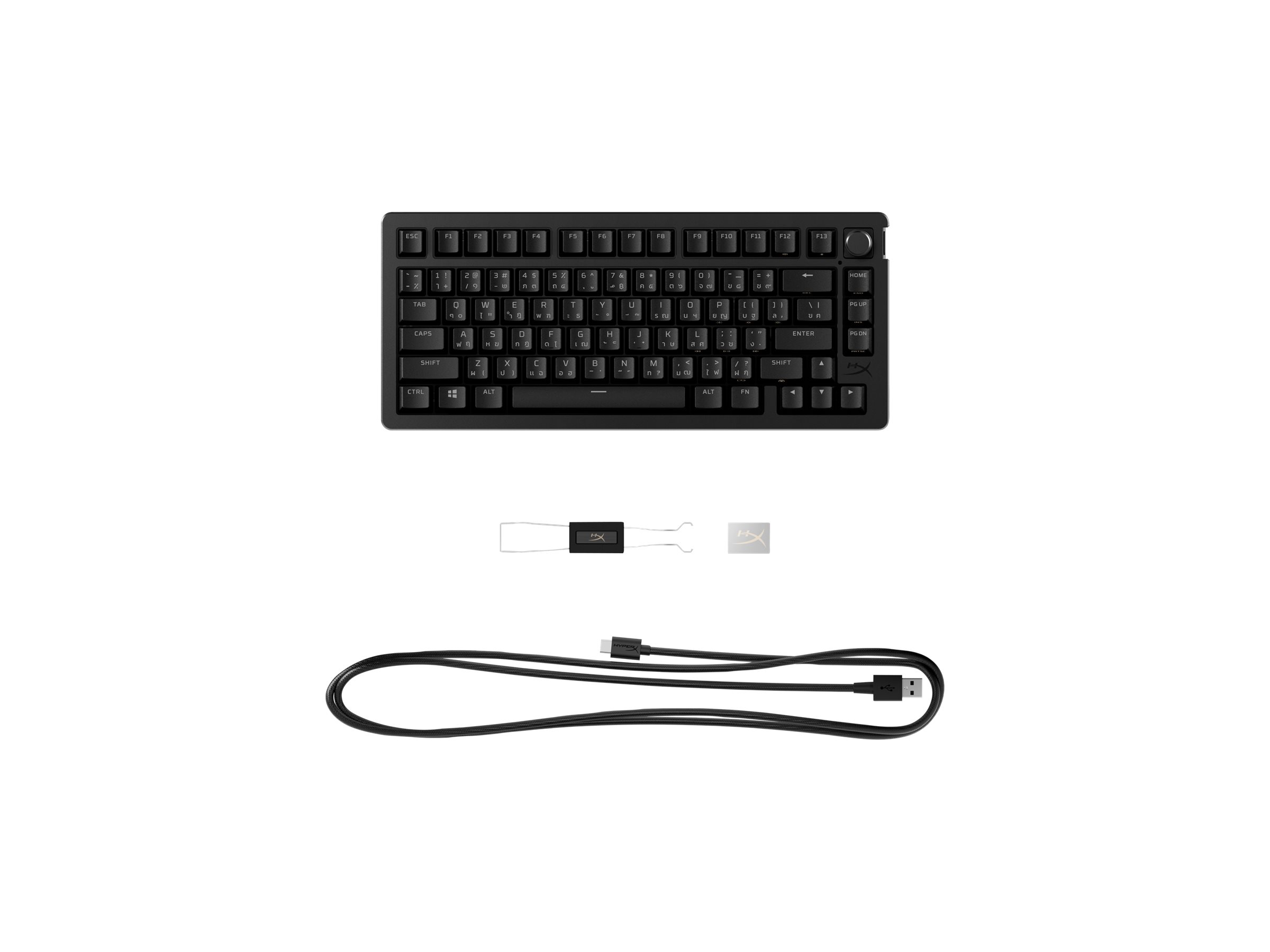 HyperX Alloy Rise keyboard 1000 Hz polling rate 100% anti-ghosting 80 million key presses Product shot Right-angle 80000
