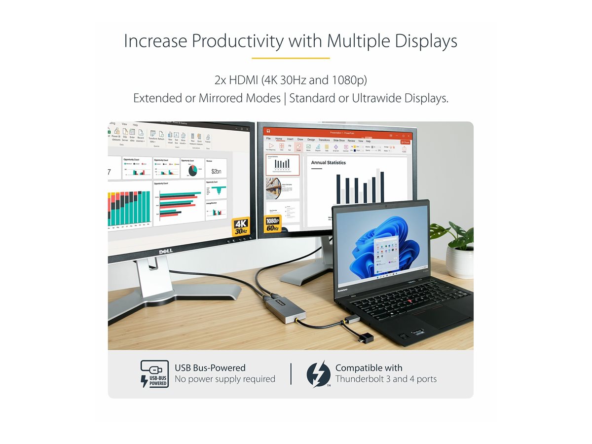 StarTech.com USB to Dual HDMI Adapter, USB A/C to 2x HDMI Monitors (1x 4K 30Hz, 1x 1080p), Integrated USB-A to C Dongle, 4in/11cm Cable, Windows & macOS - USB 3.0 to HDMI Multi-Monitor Display Adapter for Laptop (107B-USB-HDMI) - video adaptér - HDMI / USB – foto 6