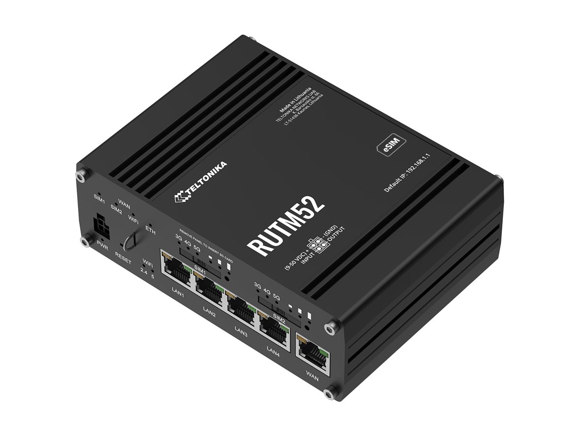 Teltonika RUTM52 wireless router WWAN Wi-Fi 5 3G 4G 5G DIN rail mountable Product shot Left-angle 79750