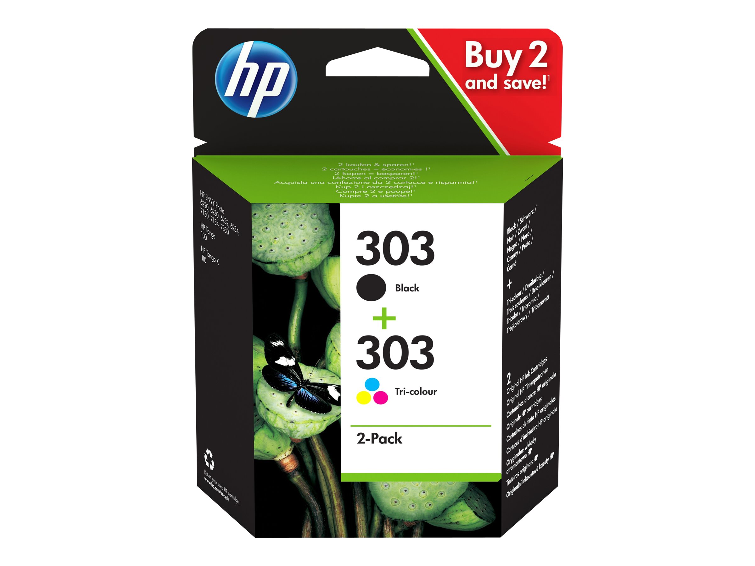 Hp 303 2 Pack Pigmented Black Colour Cyan Magenta Yellow Original Ink Cartridge