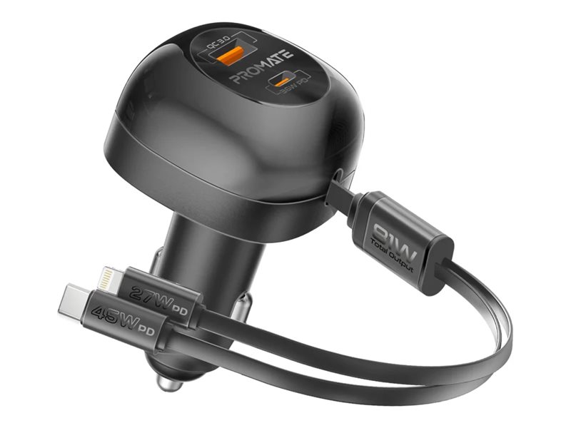 Promate PowerDrive-RCi81 car power adapter multi-port retractable USB-C and Lightning cable Product shot Left-angle 79450