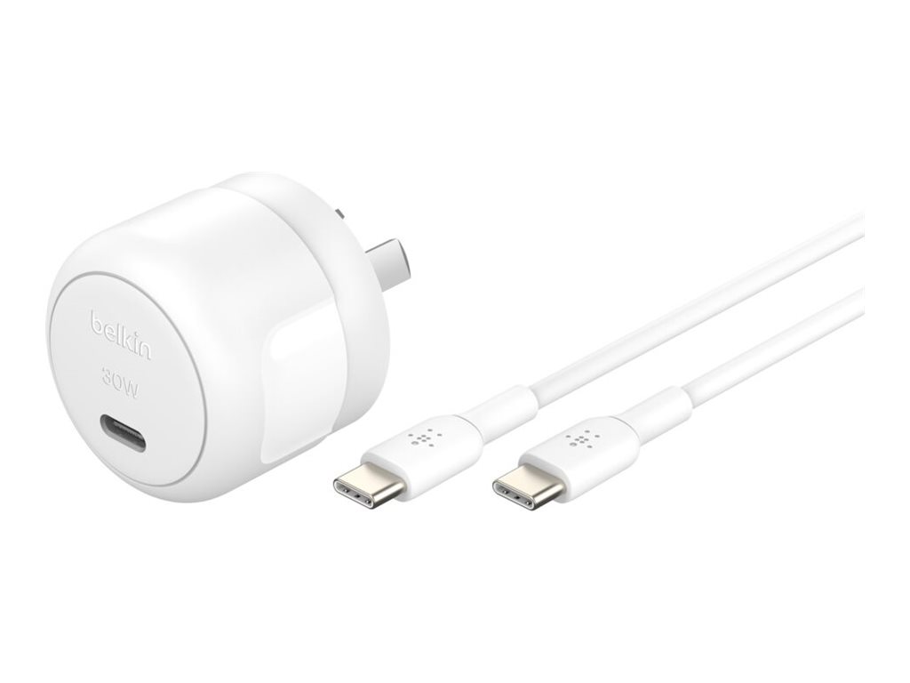 Belkin BoostCharge power adapter compact 24 pin USB-C 30 Watt with USB-C cable Product shot Right-angle 79700