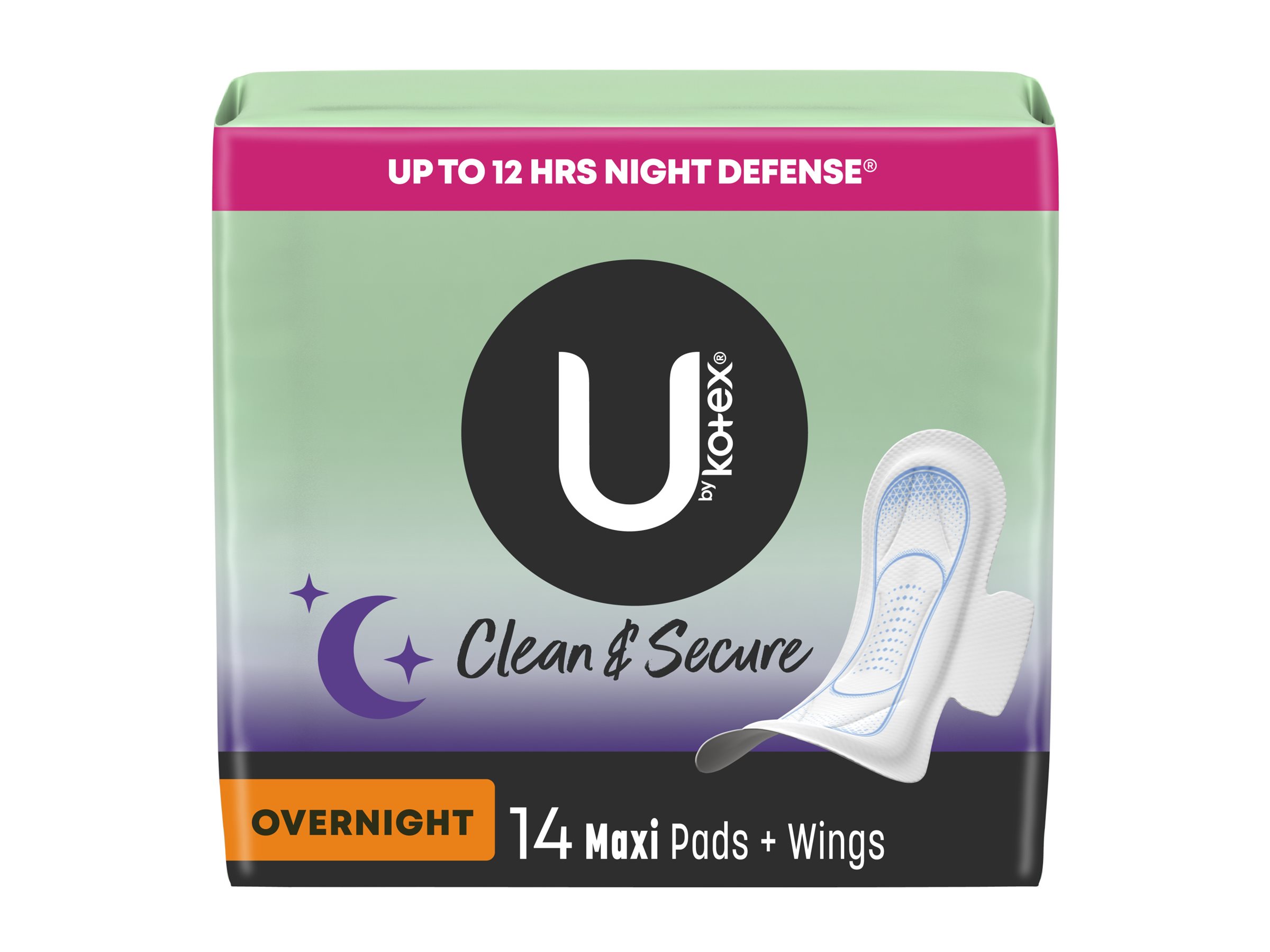 U by Kotex Clean & Secure Maxi Sanitary Pads with Wings - Overnight - 14's