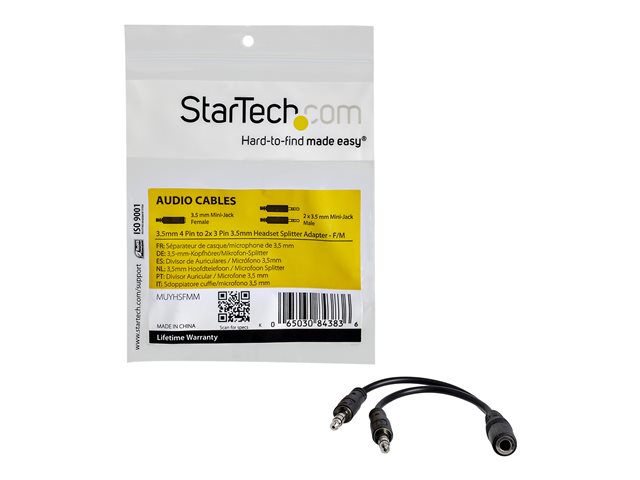 StarTech.com 3.5mm 4 Position to 2x 3 Position 3.5mm Headset Splitter Adapter - F/M - 3.5mm headset Adapter Cable (MUYHSFMM) - Headset splitter - mini-phone stereo 3.5 mm male to 4-pole mini jack female - black - for P/N: MUHSMF2M, PEXSOUND7CH