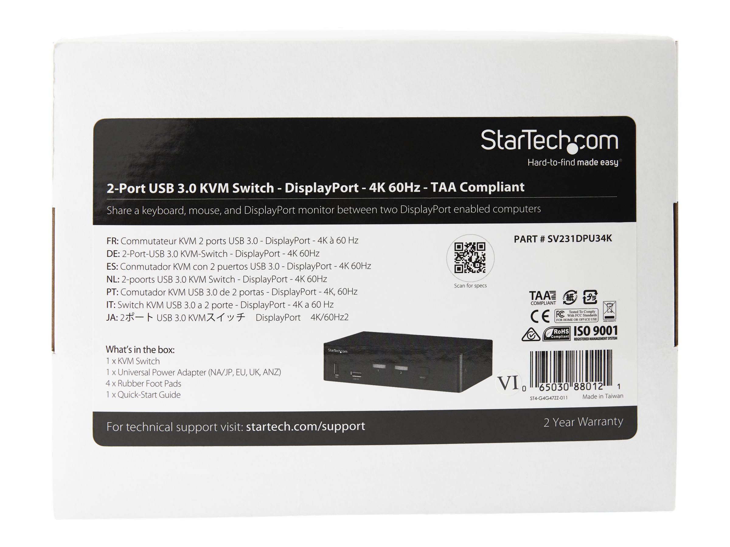 StarTech.com 2 Port DisplayPort KVM Switch, 4K 60Hz, Single