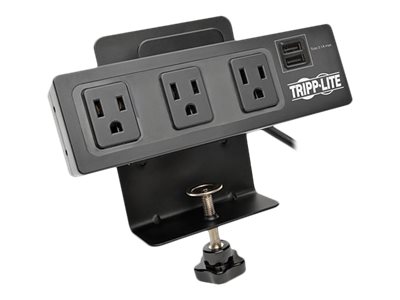 Tripp Lite 3-Outlet Surge Protector Power Strip Desk Clamp w/ 2-Port USB Charging