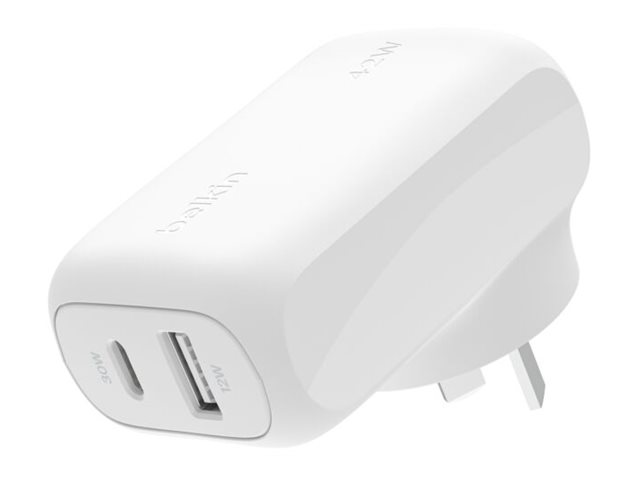 Belkin BoostCharge power adapter USB-C USB 42 Product shot Left-angle 79300