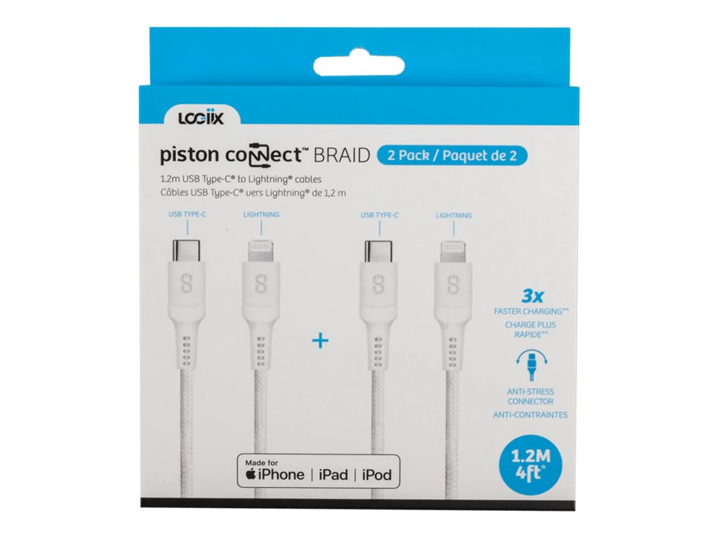 LOGiiX Piston Connect Braid USB-C to Lightning Cable - White - 1.2m - 2 pack