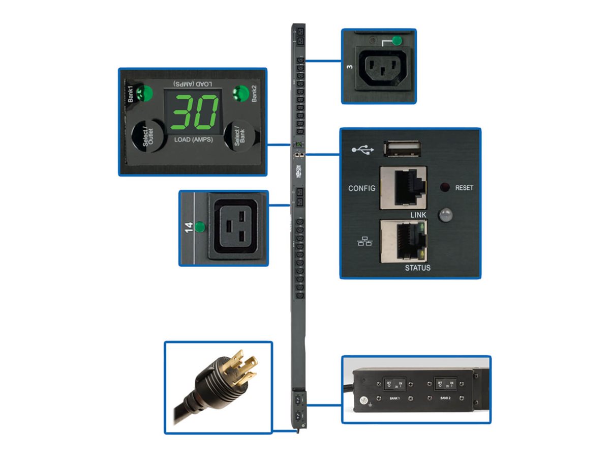 Tripp Lite 5/5.8kW Single-Phase Switched PDU, Outlet Monitoring, 208/240V Outlets (20 C13 & 4 C19), 0U, LX Platform Interface, TAA