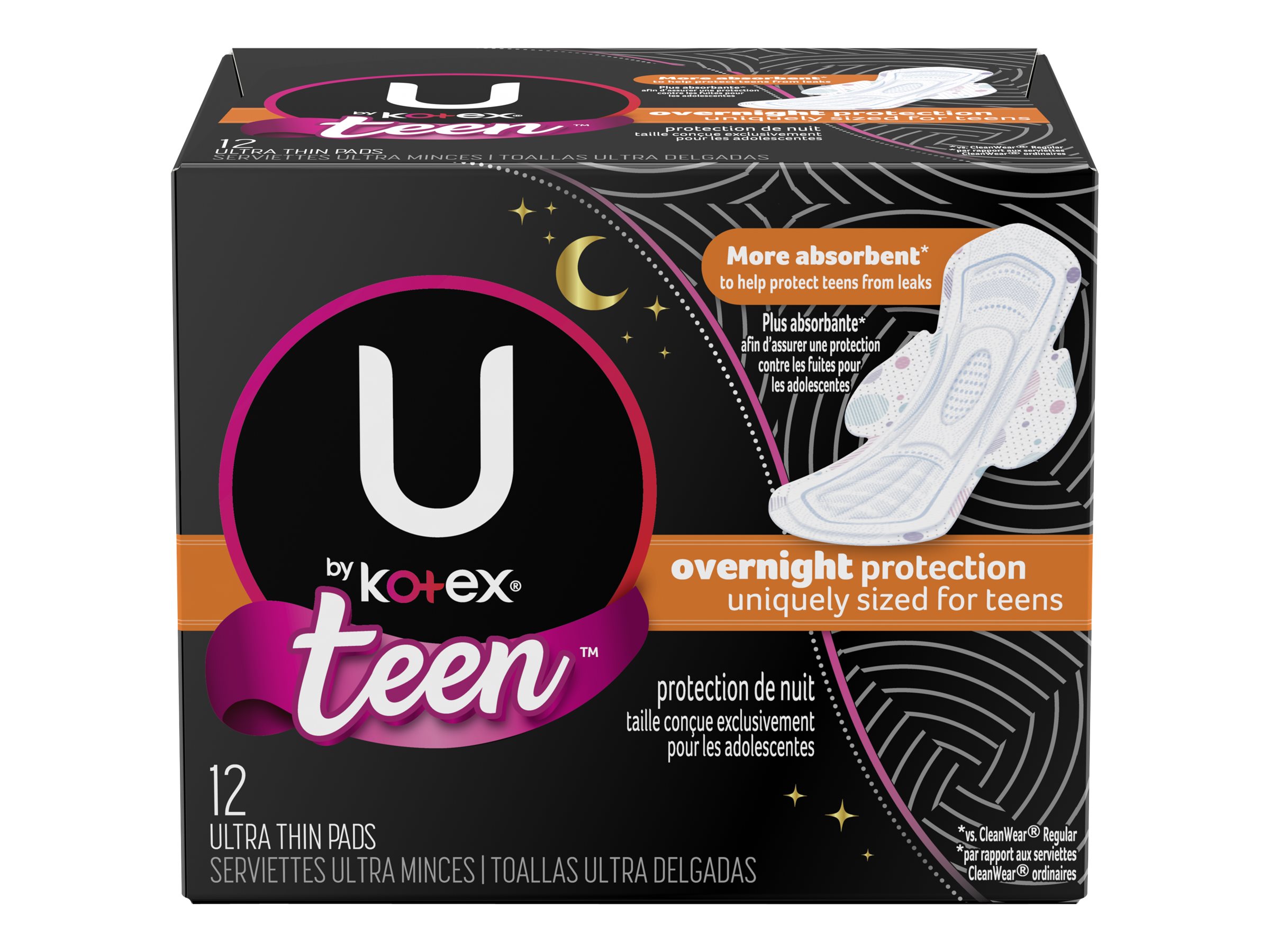 U by Kotex Teen Ultra Thin Pads - Overnight - 12's