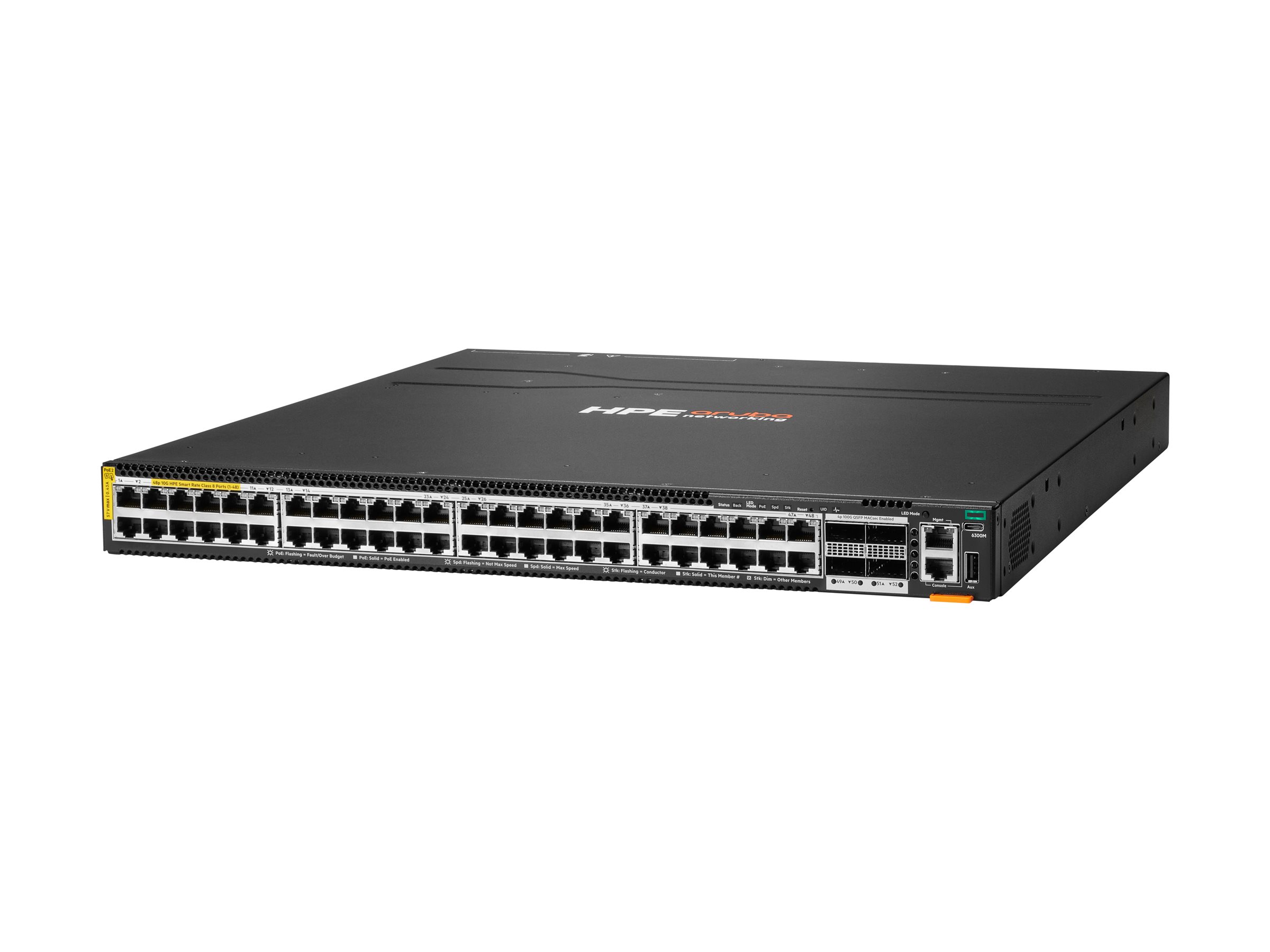 HPE Aruba Networking CX 6300M 48p SR10 1G/2.5G/5G/10G PTP/AVB Class8 PoE 4p 100G MACsec Switch