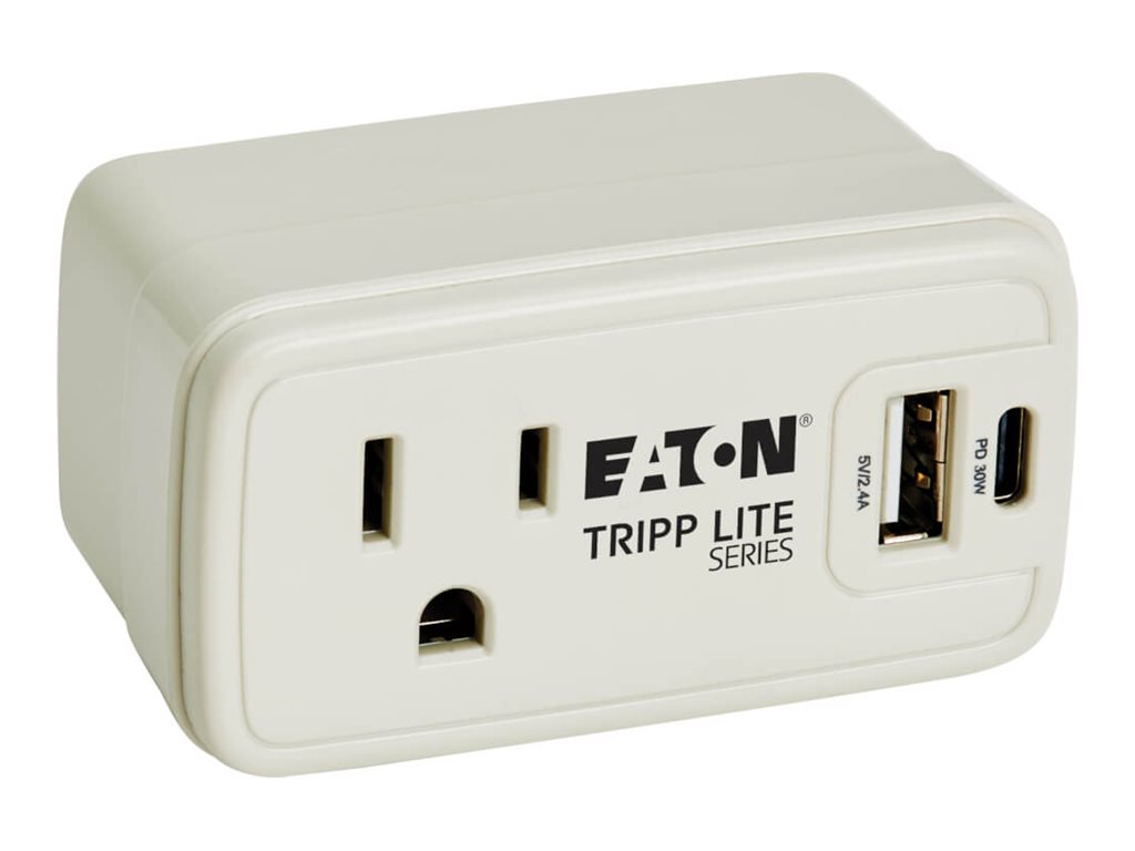 Eaton Tripp Lite Series Power It! Travel Charger and Power Strip 1-Outlet 5-15R USB-C and USB-A Ports 32W Charging irect Plug-In Gray