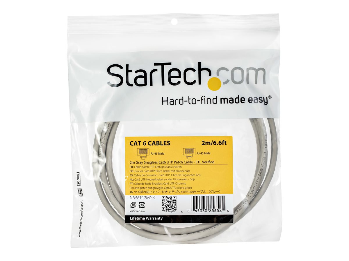 StarTech.com 2m CAT6 Ethernet Cable, 10 Gigabit Snagless RJ45 650MHz 100W PoE Patch Cord, CAT 6 10GbE UTP Network Cable w/Strain Relief, Grey, Fluke Tested/Wiring is UL Certified/TIA - Category 6 - 24AWG (N6PATC2MGR) - patch kabel - 2 m - šedá – foto 4