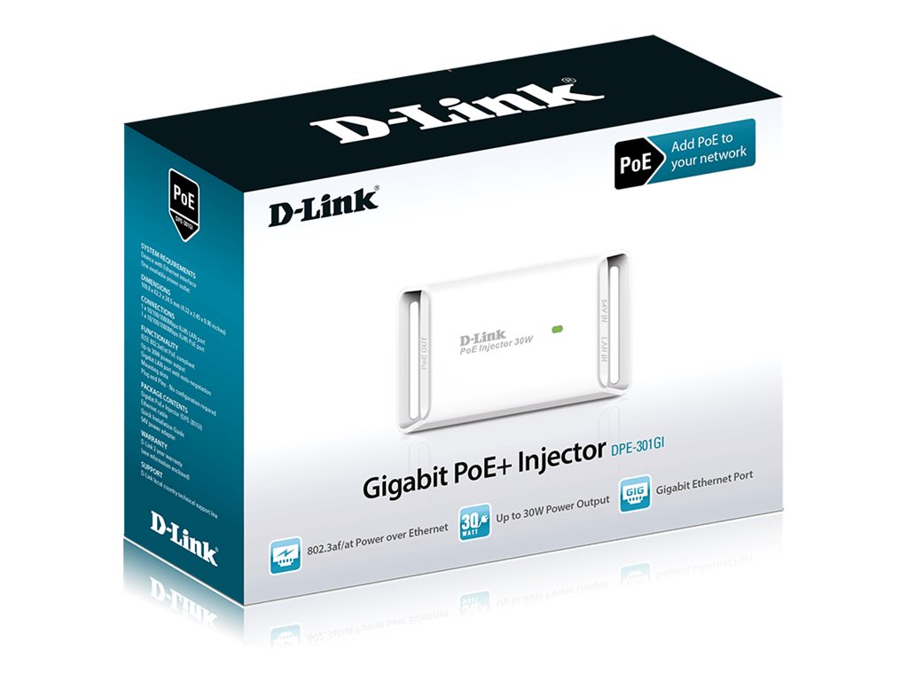 D-Link DPE-301GI 1-Port Gigabit 30W PoE+ Injector, 802.3at