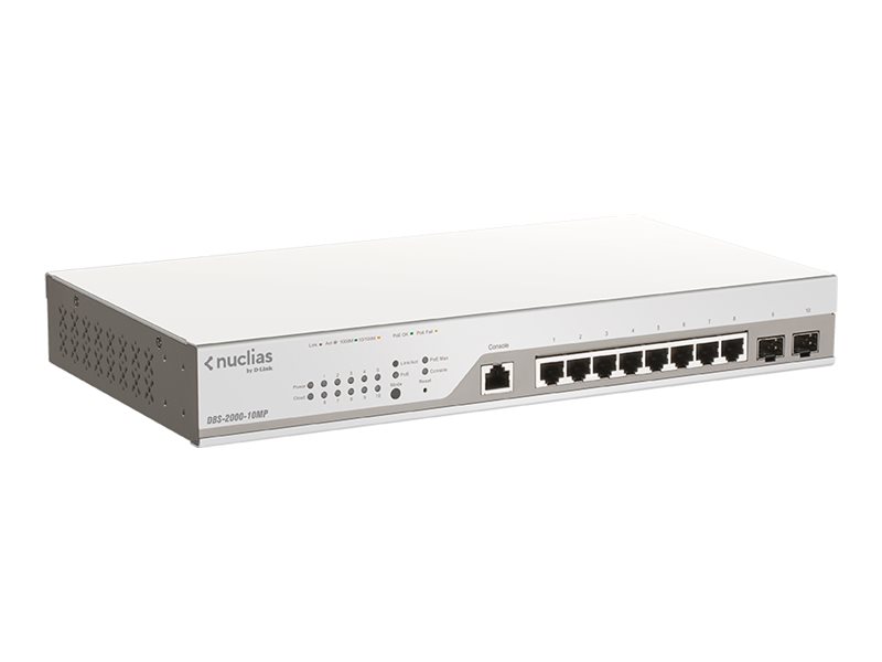 Nuclias Cloud Managed 10-Port Layer2 PoE+ Gigabit Switch, 8 x 10/100/1000Mbit/s TP (RJ-45) PoE Port, Port 1-8 802.3at Power-over-Ethernet bis 30 Watt Leistung/Port, 2x 100/1000Mbit/s SFP Slot, 802.3x Flow Control, 802.3ad Link Aggregation und statisc