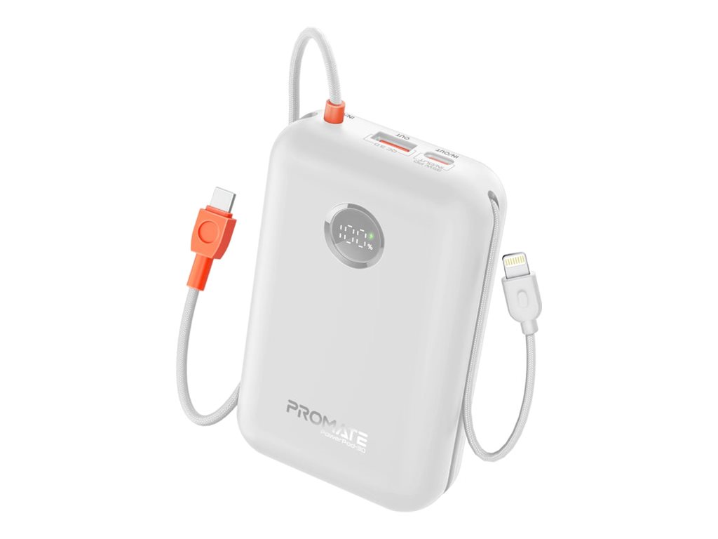 Promate PowerPod-30 power bank compact Li-pol USB Type A 2 x USB-C Lightning 35 Product shot Right-angle 79700