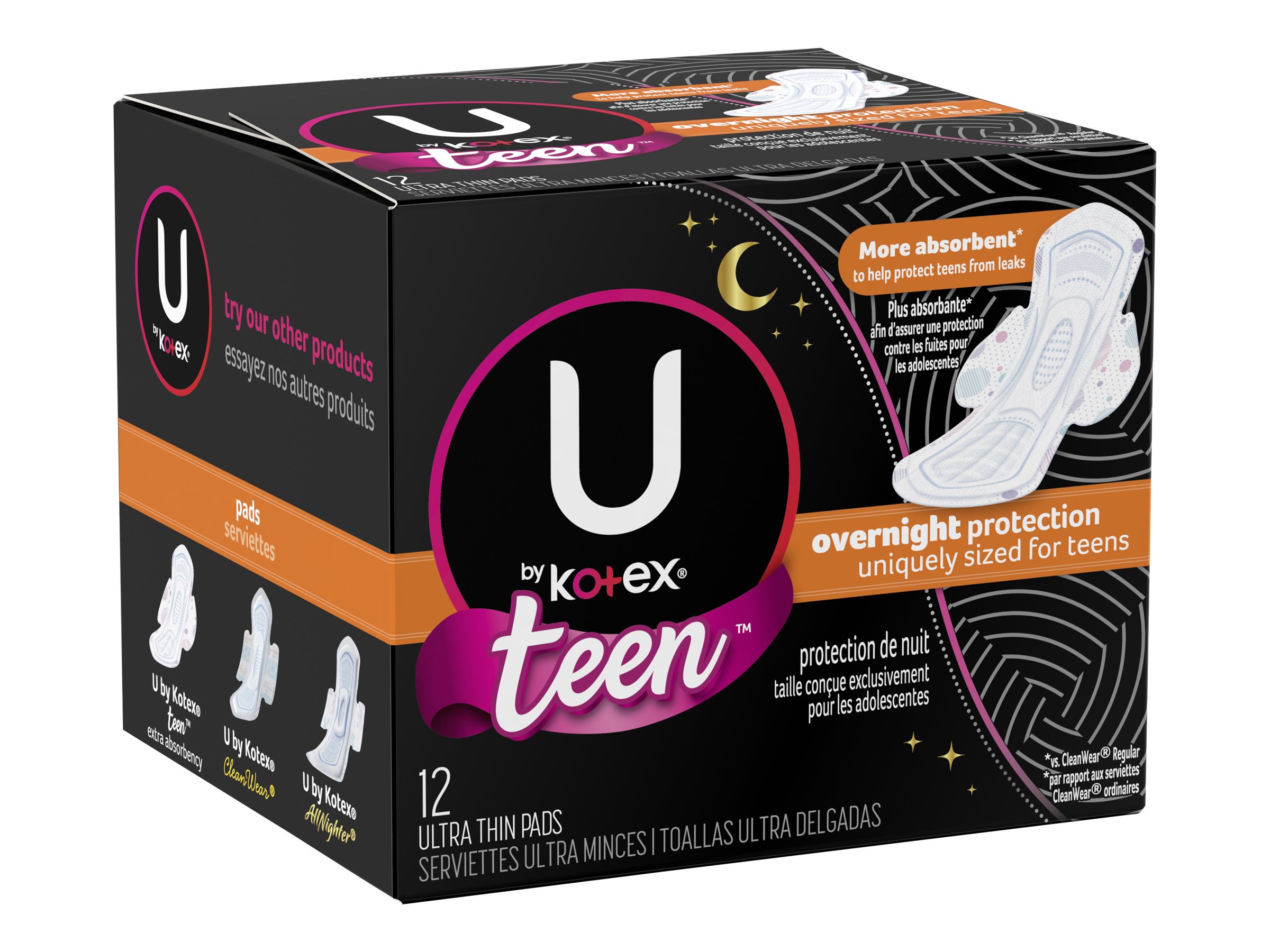 Teen Ultra Thin Feminine Pads with Wings, Overnight, Unscented, 12 Count