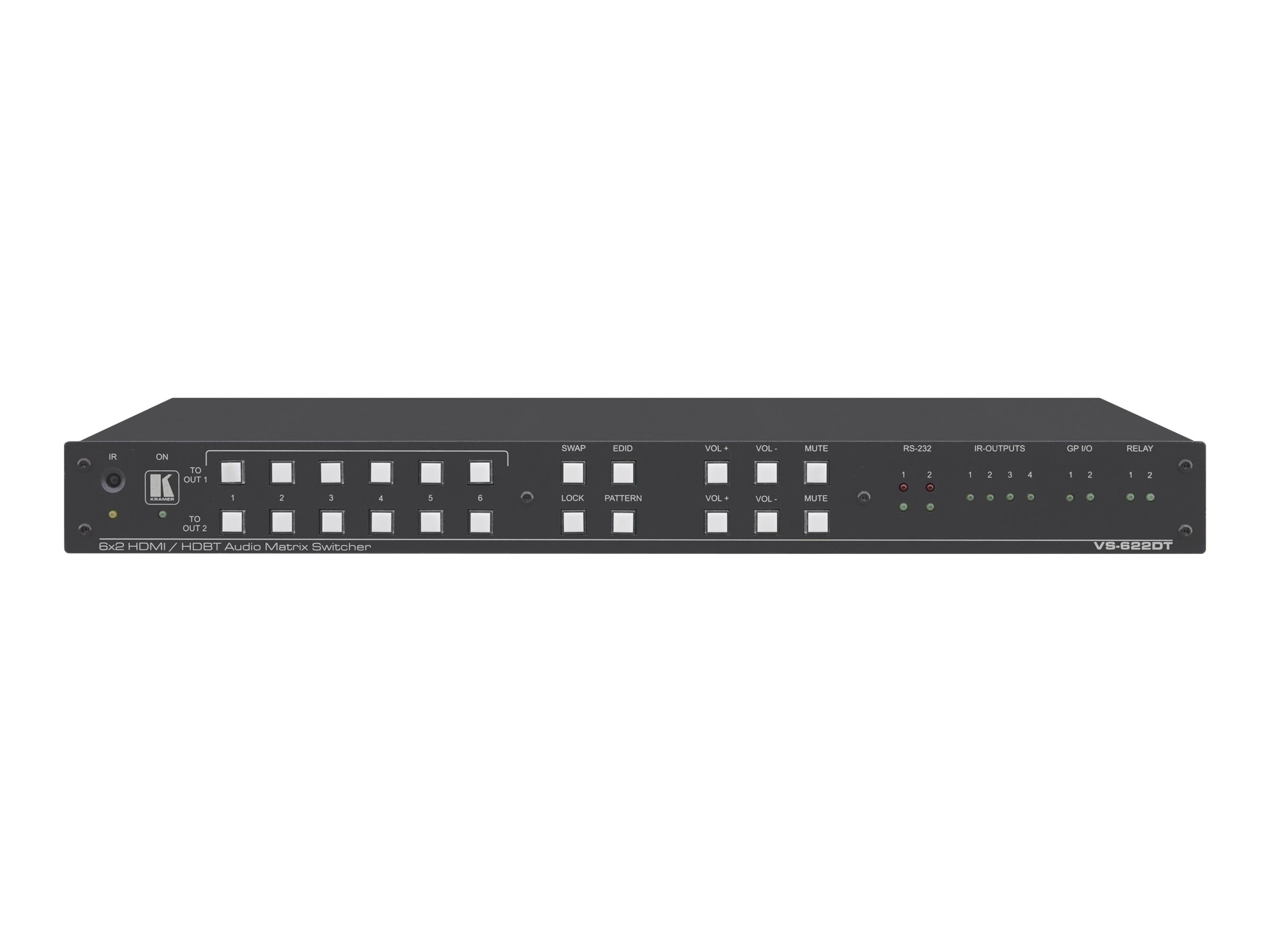 Kramer VS-622DT - 6x2 matrix switcher / audio disembedder / HDBaseT converter / PoE provider / audio power amplifier