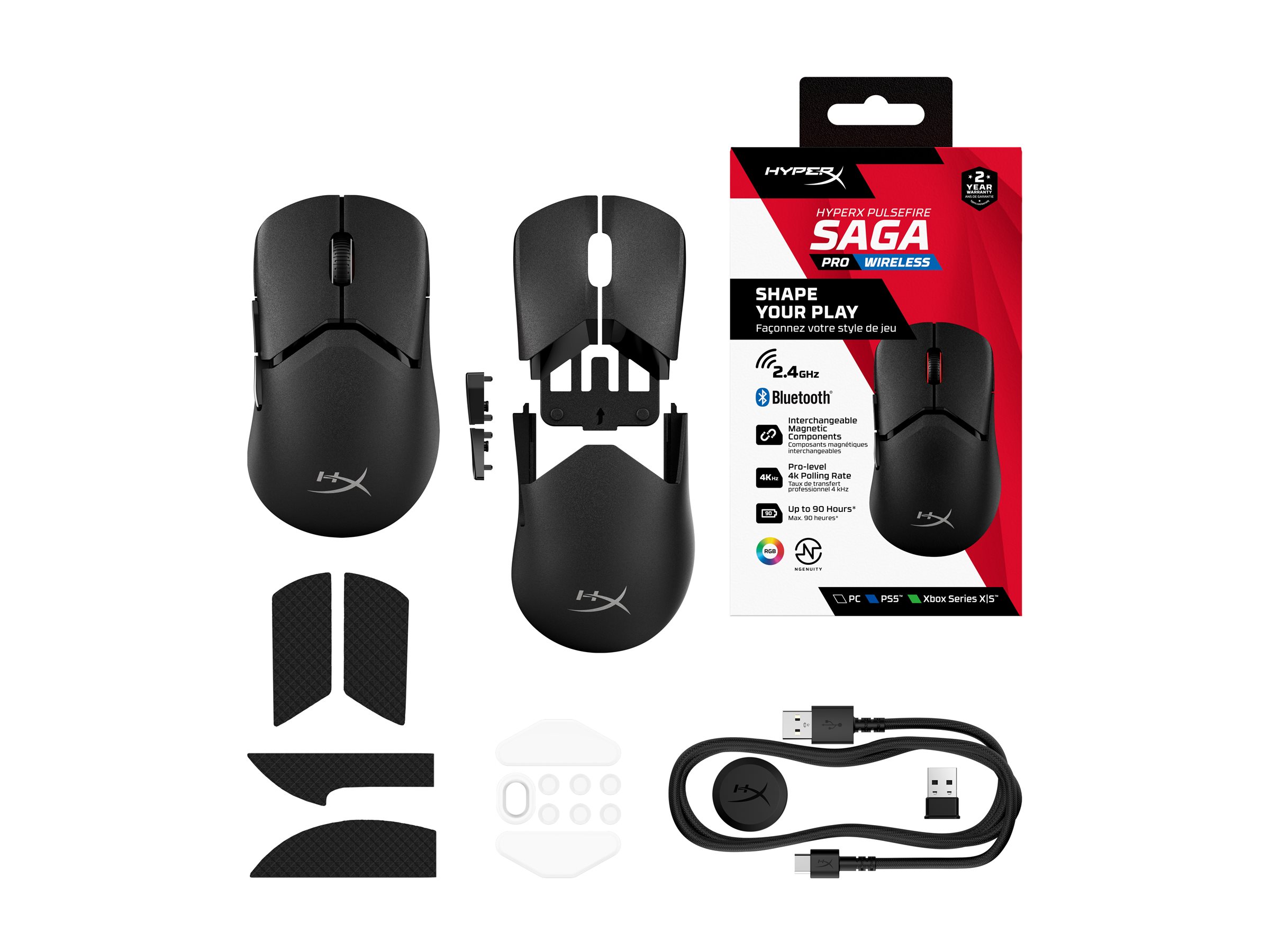 HyperX Pulsefire Saga Pro mouse 2.4 GHz Bluetooth 5.0 USB Package view Left-angle 78100