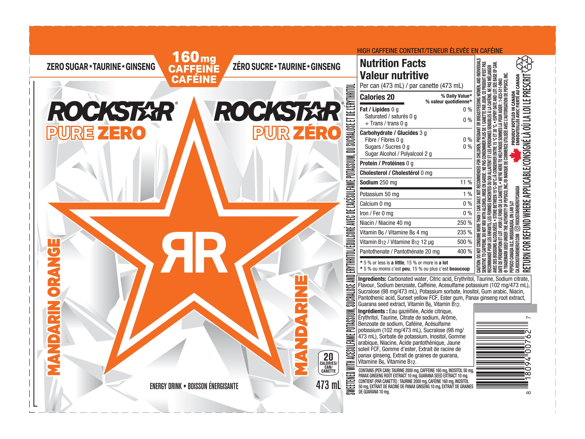 Rockstar Caffeinated Energy Drink - Mandarin Orange - 473ml