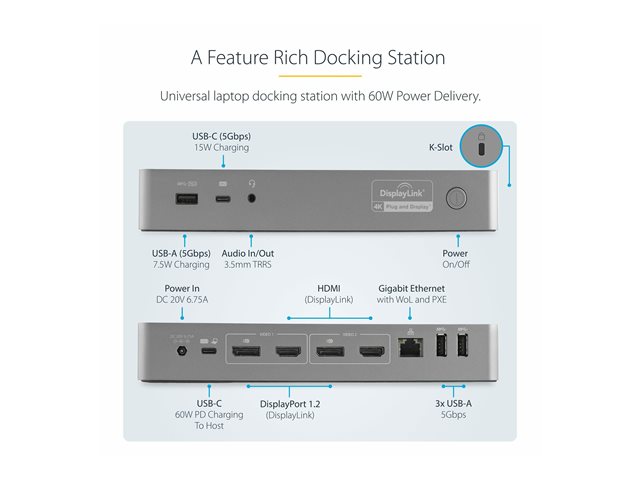 StarTech.com Base USB-C/A  deux crans - PD 60 W